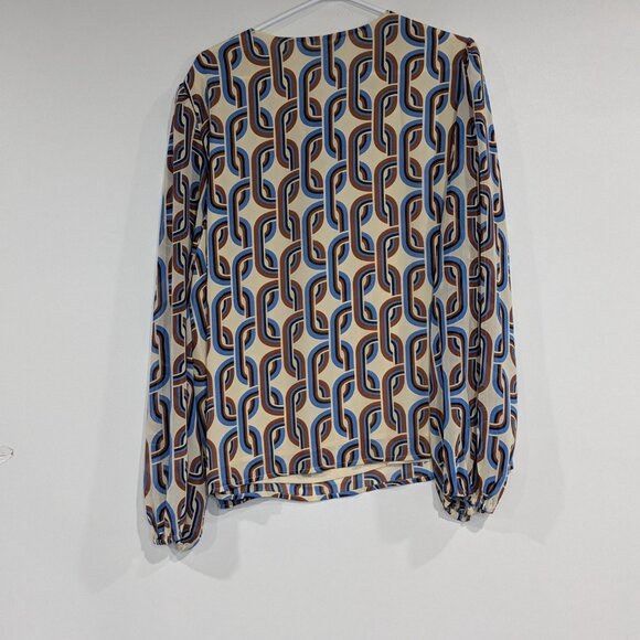 Cleo Chainlink Pattern Blouse with Tie at Neck Cream Brown Blue Size XXL - Picture 2 of 3